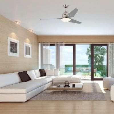 Ventilateur Casafan Eco Aviatos gris dans un salon moderne