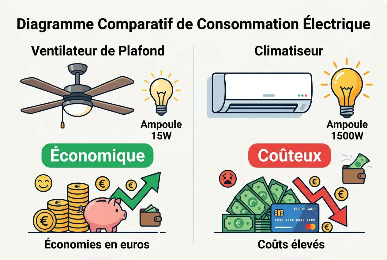 Diagramme montrant l’efficacité des ventilateurs au plafond vs climatisateur: économie d’euros avec ventilateur, ampoule 15W et piggy bank; coûts élevés avec climatisateur et ampoule 1500W.