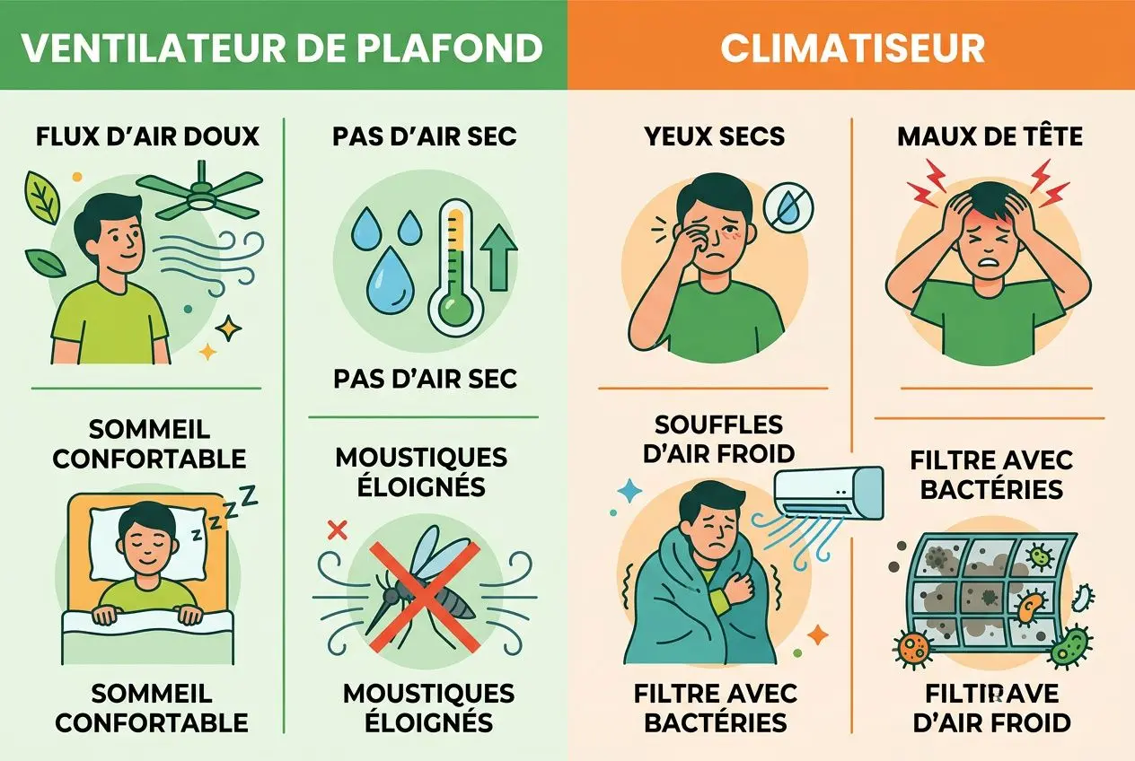 Comparatif pictural: ventilateur plafond ou climatiseur, avec sections « Flux d'air doux », « Pas d'air sec », et symptômes thermiques; côtés montrant confort nocturne et moustiques, plus symptômes œdème face et filtre bactéries.