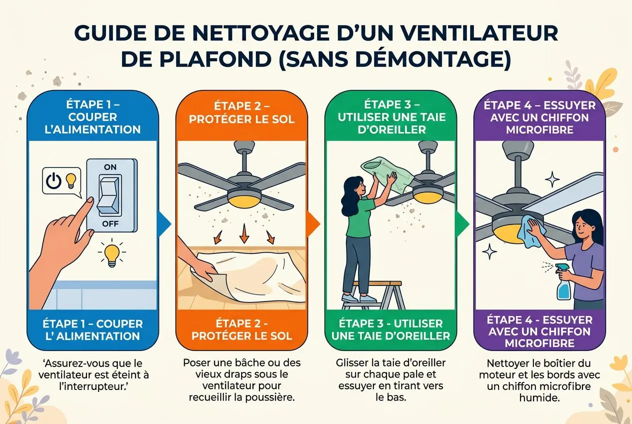 Guide de nettoyage d’un ventilateur de plafond : étape par étape, avec chiffon microfibre et spray pour un ventilateur impeccablement entretenu.
