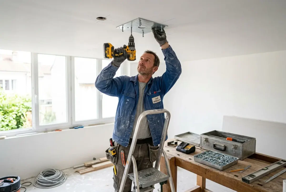 Ouverture d’un plafonnier: l’installateur fixe une platine de ventilateur sur du placo avec une perceuse, échelle et outils à portée de main.