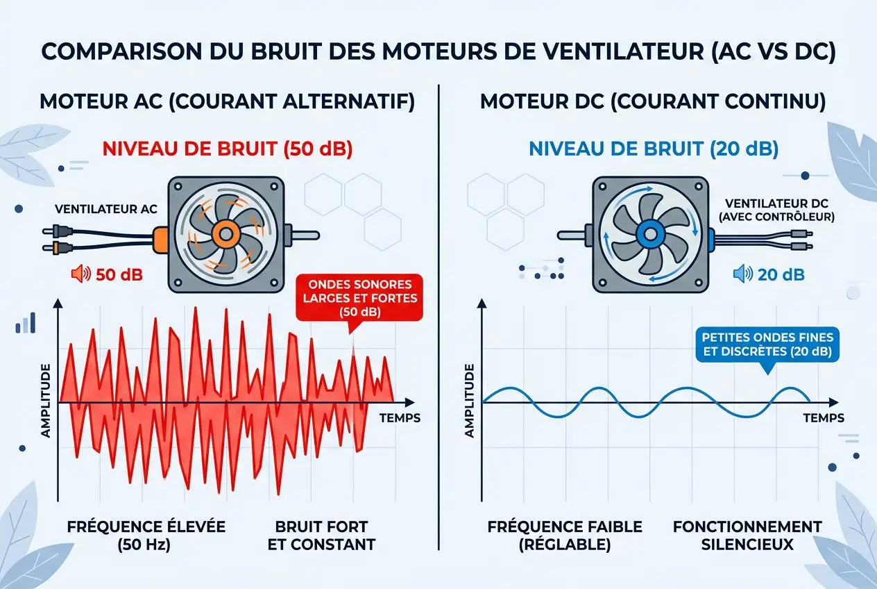 Comparaison du bruit entre ventilateurs: gauche AC bruyant à 50 dB, droite DC silencieux à 20 dB, graphes d’amplitude et fréquence, étape sur fonctionnement et ondes. Est-ce que les ventilateurs au plafond sont efficaces.