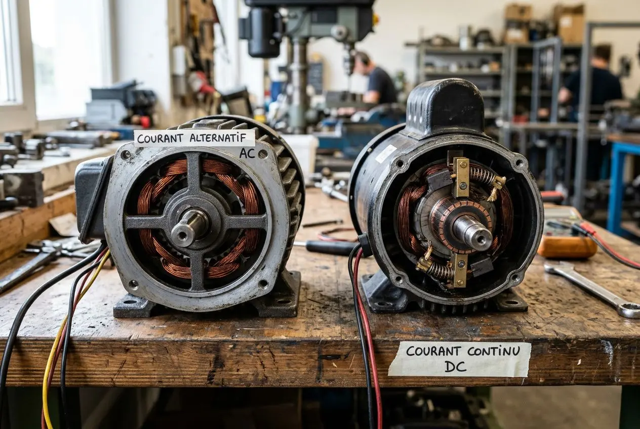 Deux moteurs de ventilateur de plafond ouverts sur un établi, avec fils et composants visibles; étiquettes indiquent courant alternatif et continu DC.
