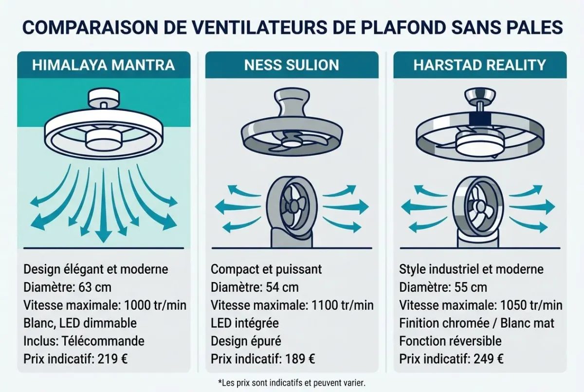 Comparaison de ventilateurs de plafond sans pales avec trois modèles: Himalaya Mantra, Ness Sulion et Harstad Reality, design moderne et aérodynamique, dimensions et vitesse indiquées. comment bien choisir son ventilateur de plafond intégré.