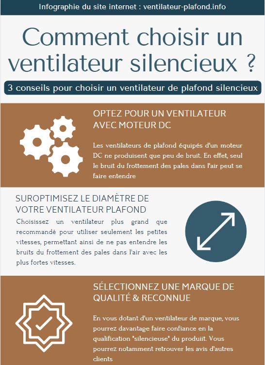 Infographie sur le choix d’un ventilateur silencieux, avec sections conseils, démonstration de diamètre et marque reconnue pour un usage nocturne. Inclut mention “dormir avec un ventilateur allumé la nuit”.