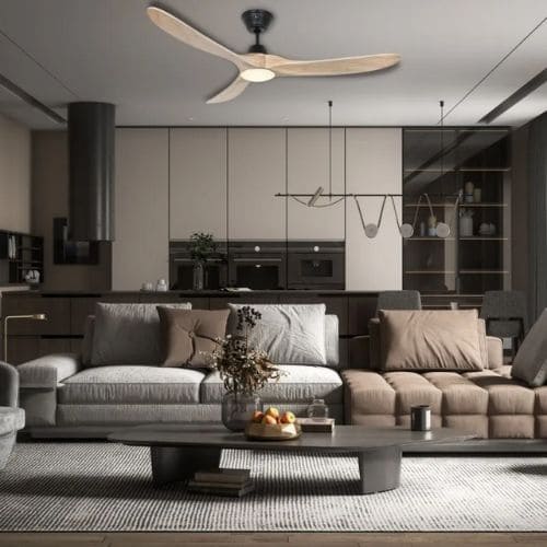 Salon moderne avec ventilateur de plafond au cadre noir et pales claires, calme et propre.