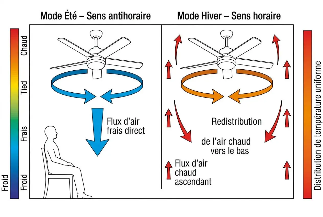 Schéma expliquant le choix de la vitesse et du sens du ventilateur de plafond selon mode été et hiver, avec flux d’air et distribution de température.