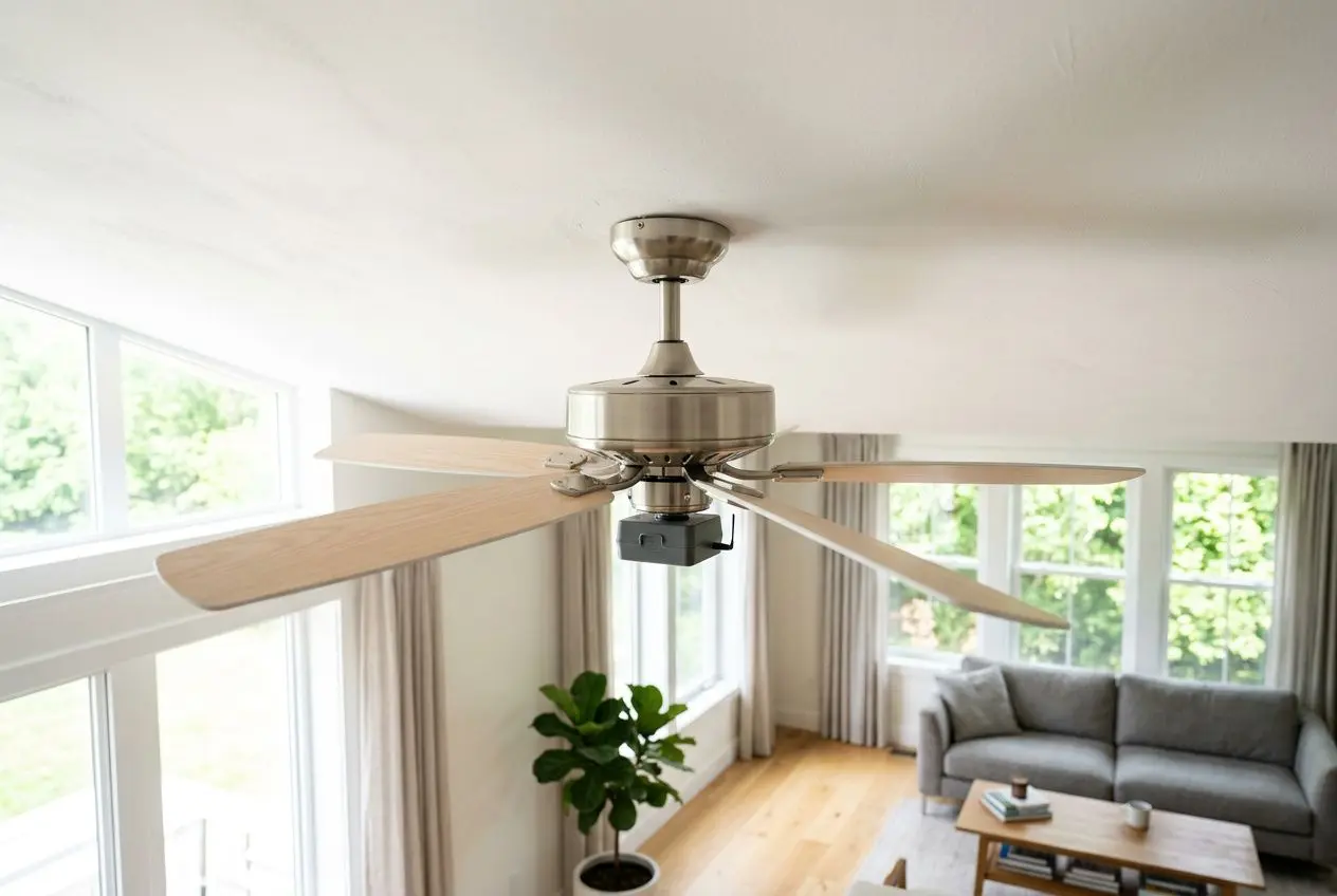 Ventilateur de plafond moderne dans un salon lumineux, avec plantes et canapé, prêt à être installé selon le guide “comment choisir ventilateur plafonnier” pour une pièce spacée.